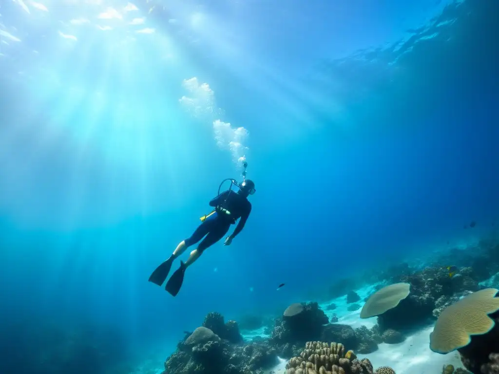 Entrenamiento en apnea para buceadores: Un buzo libre en aguas cristalinas, rodeado de vida marina en un arrecife de coral vibrante