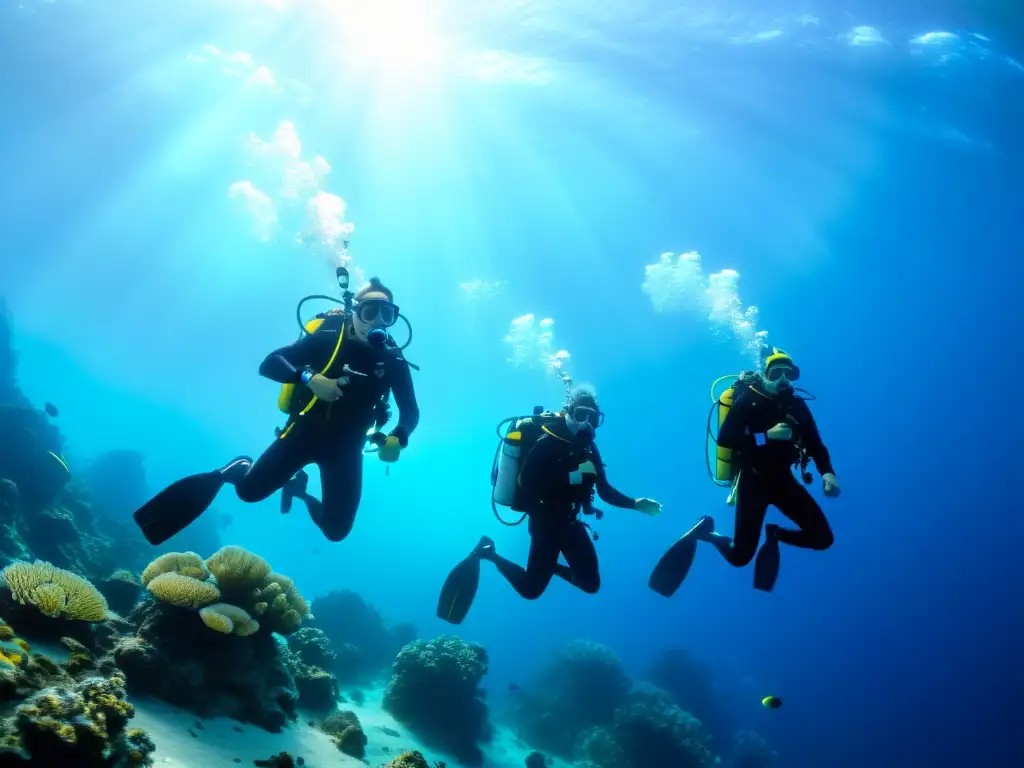 Entrenamiento físico específico para buceadores: Profesionales descendiendo en el océano, rodeados de vida marina y corales vibrantes