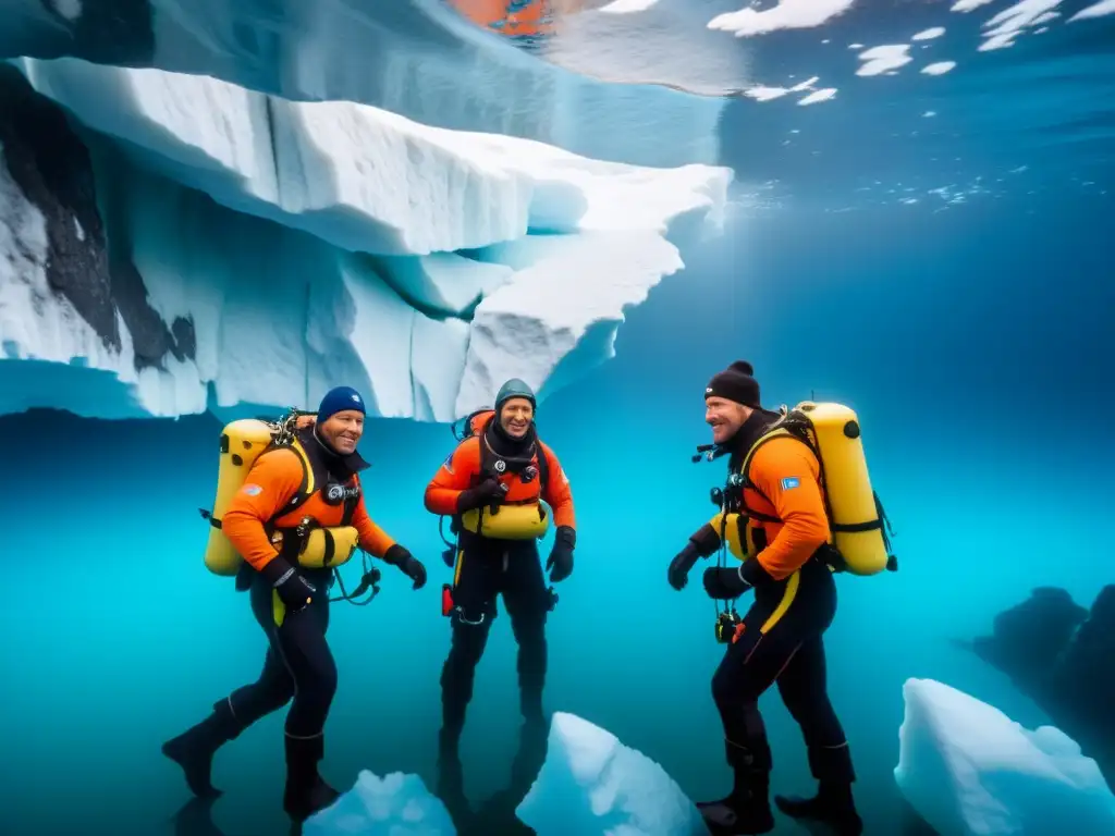 Equipo de filmación en aguas frías: Exploradores polares ajustando su equipo en el agua helada del Ártico, con formaciones de hielo y luz suave