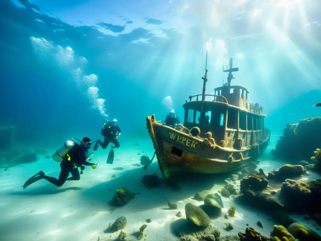 Equipo de arqueólogos explora un barco hundido entre la vida marina, bajo la luz del sol