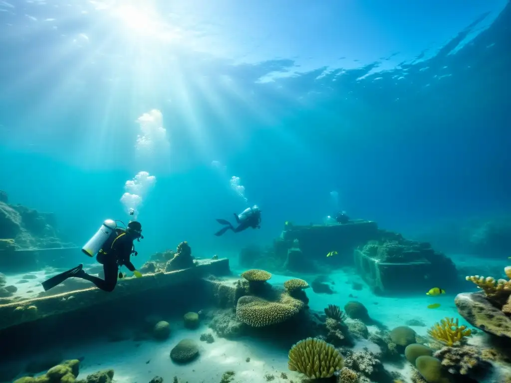 Equipo de arqueólogos subacuáticos excavando entre ruinas antiguas, rodeados de vida marina y arrecifes de coral vibrantes