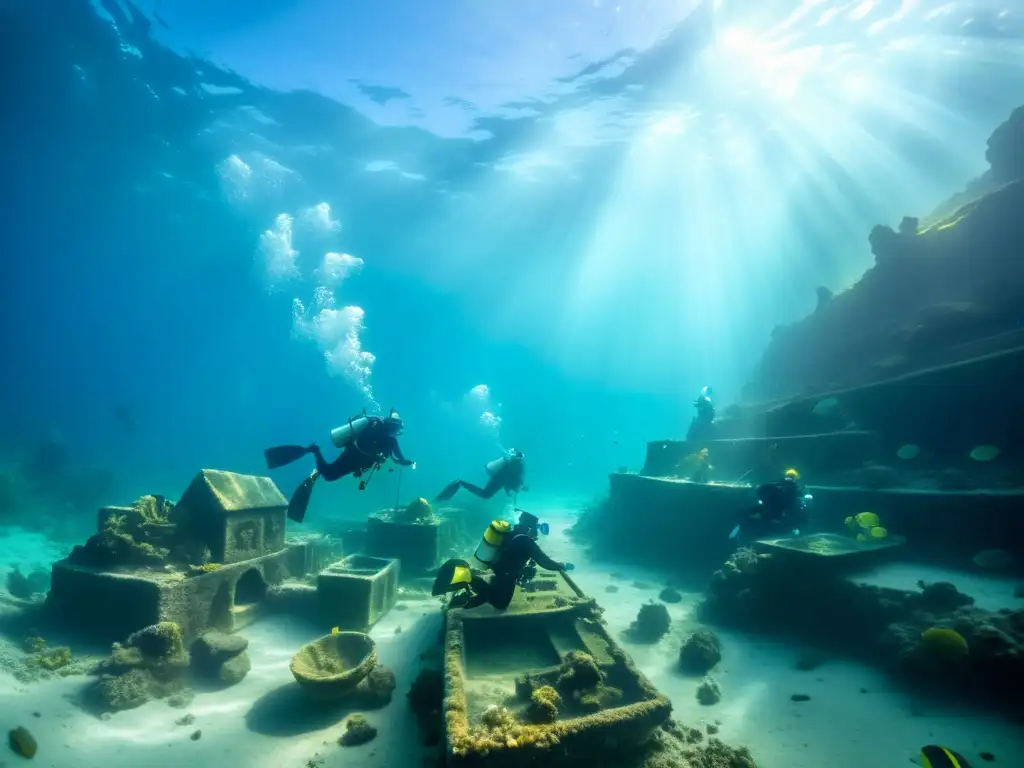 Equipo de arqueólogos submarinos descubriendo civilizaciones perdidas en un paisaje marino impresionante