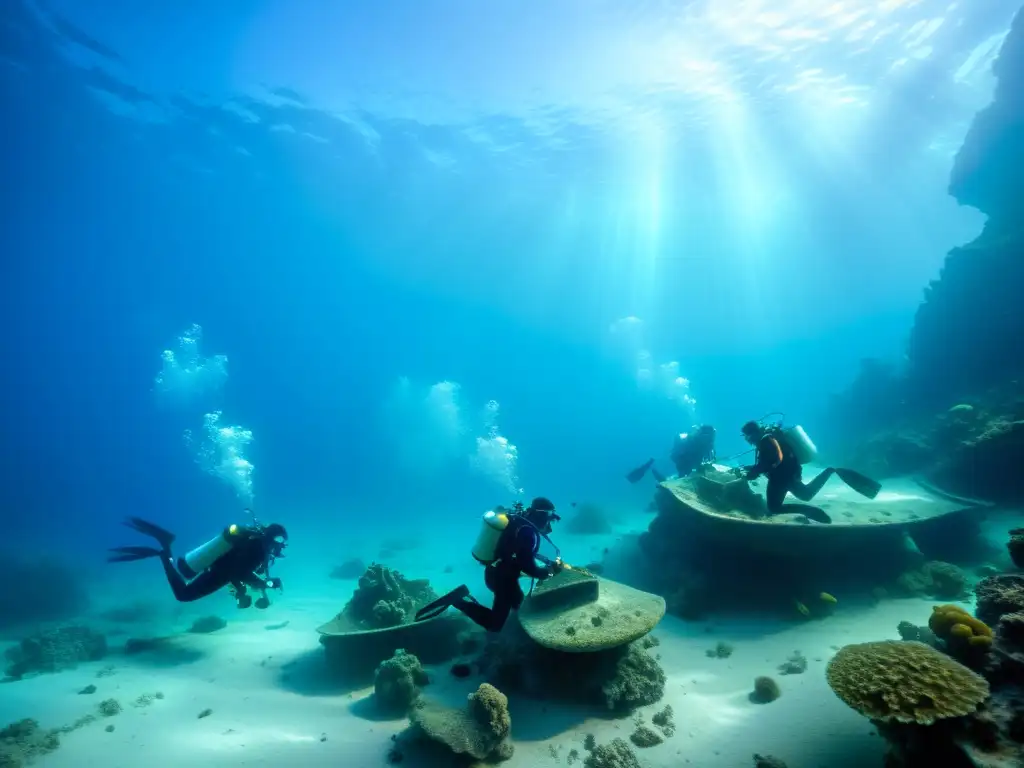 Equipo de arqueólogos submarinos descubriendo reliquias antiguas lecho marino, entre tonos azules del mar profundo