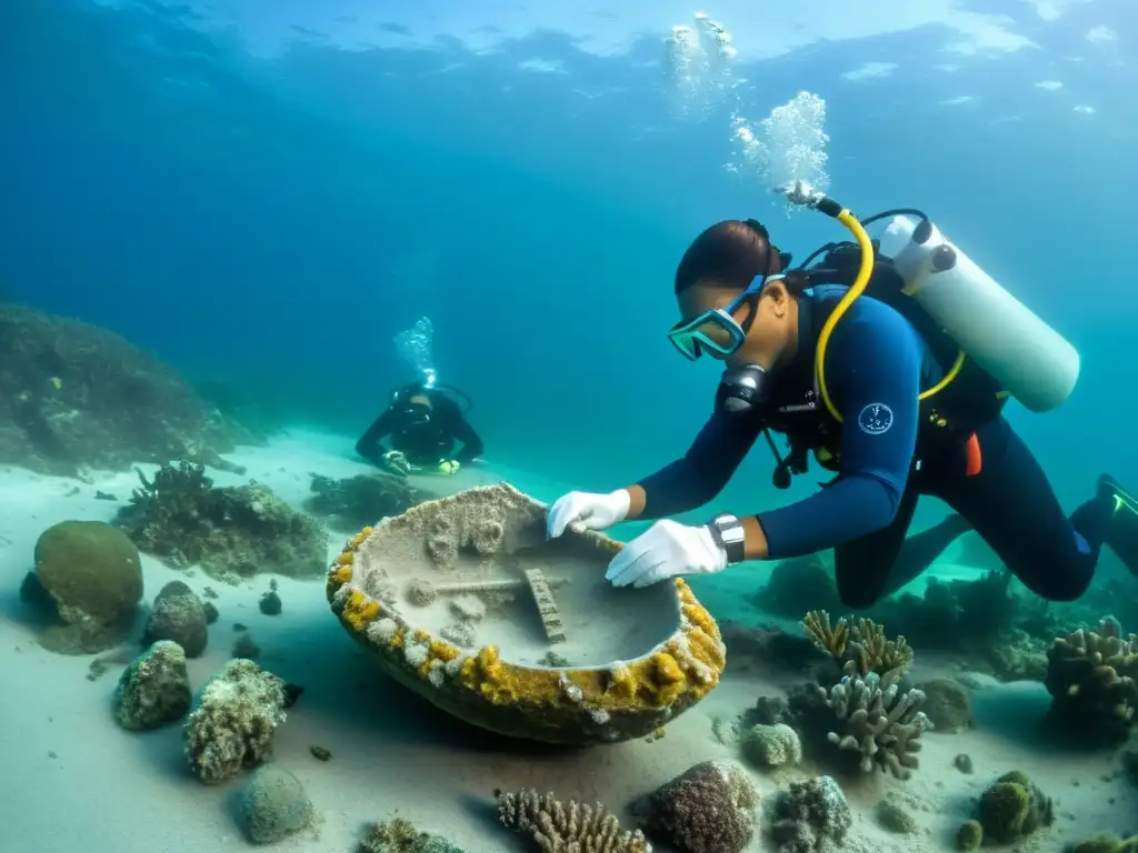 Equipo de arqueólogos submarinos excavando riquezas precolombinas marinas en América Latina