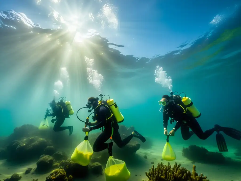 Equipo de biólogos marinos recolectando sedimentos contaminados en el fondo del mar para el proyecto de descontaminación de sedimentos marinos