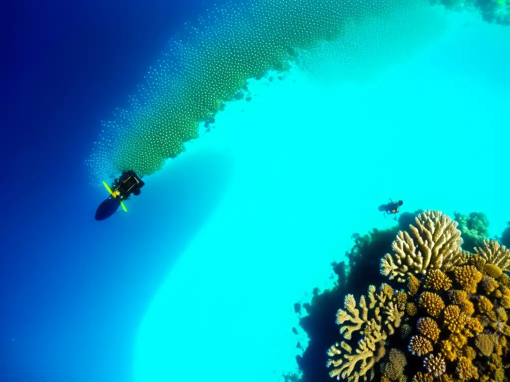 Equipo de biólogos marinos utilizando tecnología avanzada para monitorear arrecifes de coral, mostrando su belleza y la importancia de la conservación