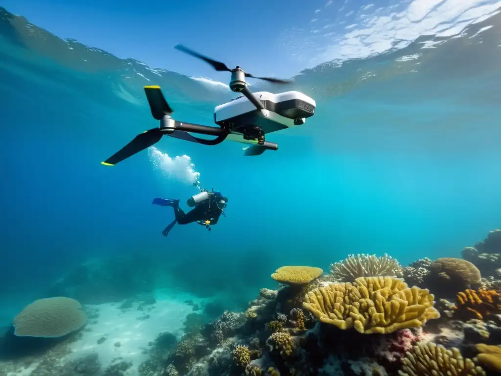 Equipo de biólogos marinos utilizando tecnologías de vanguardia para salvar especies marinas en su hábitat natural, rodeados de coloridos arrecifes de coral y majestuosas criaturas marinas