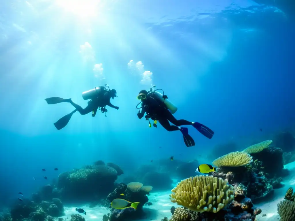 Un equipo de buceadores explora un arrecife de coral, rodeado de vida marina