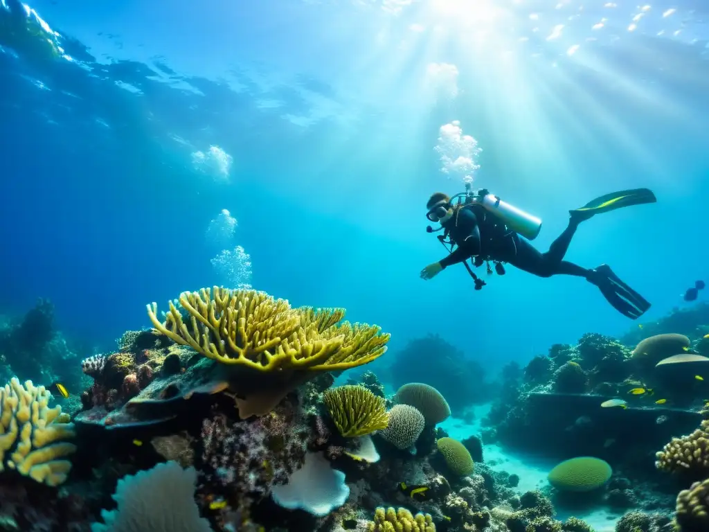 Un equipo de buceadores explora un arrecife de coral, destacando la resistencia y durabilidad de la nanotecnología en sus equipos de buceo