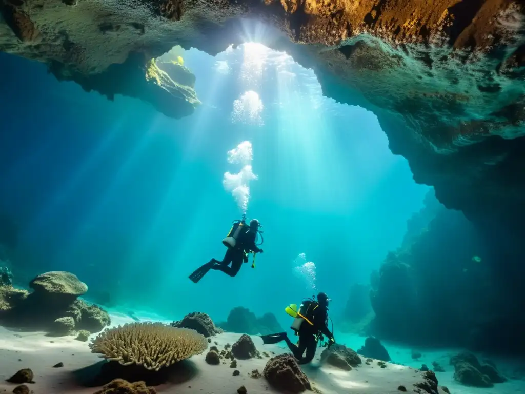 Equipo de buceadores explorando la belleza misteriosa de una cueva submarina