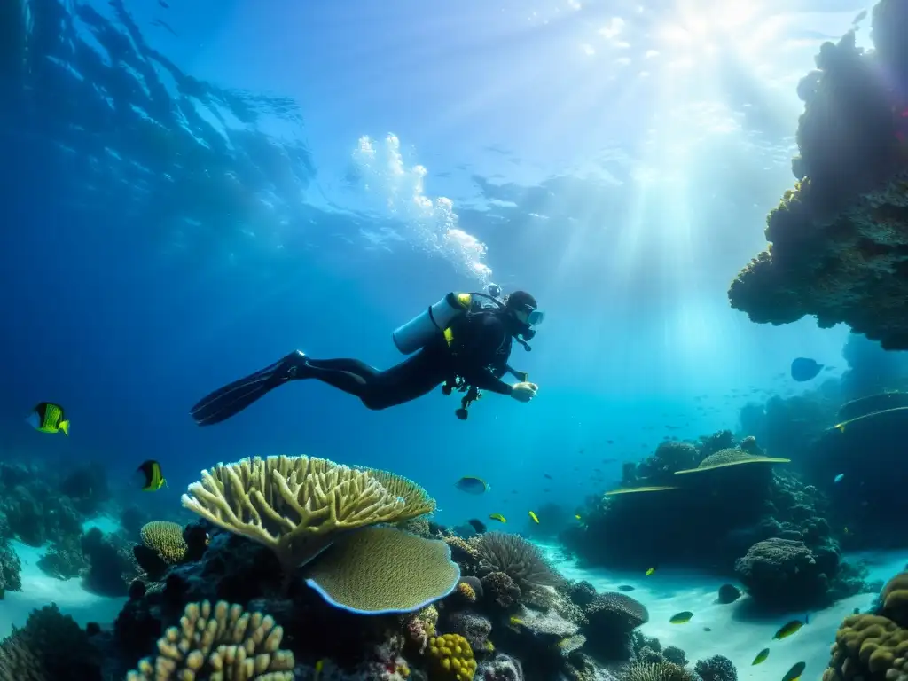 Un equipo de buceadores prepara su equipo de cine submarino rodeados de arrecifes de coral y peces coloridos