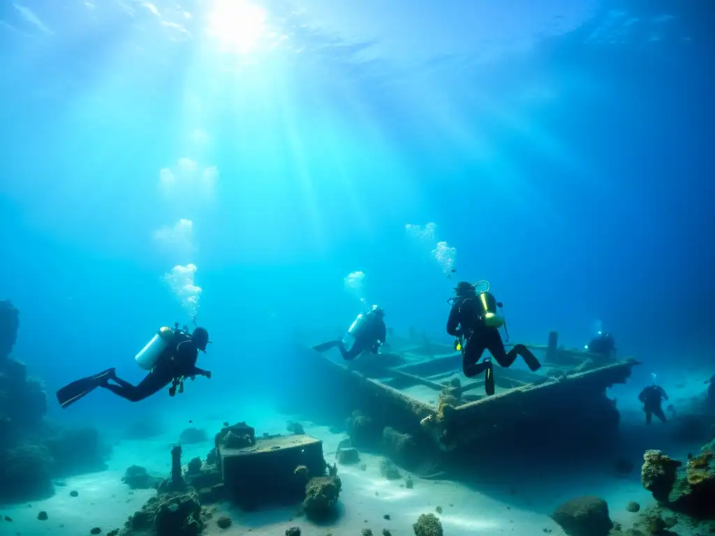 Equipo de buceadores explorando el misterioso naufragio antiguo en aguas cristalinas