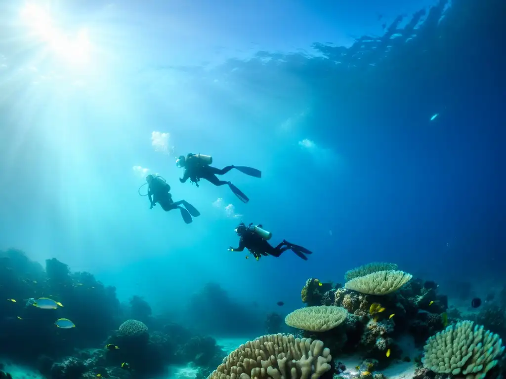 Un equipo de buceadores muestra técnicas avanzadas de flotabilidad marina, explorando un vibrante arrecife de coral a 30 metros de profundidad