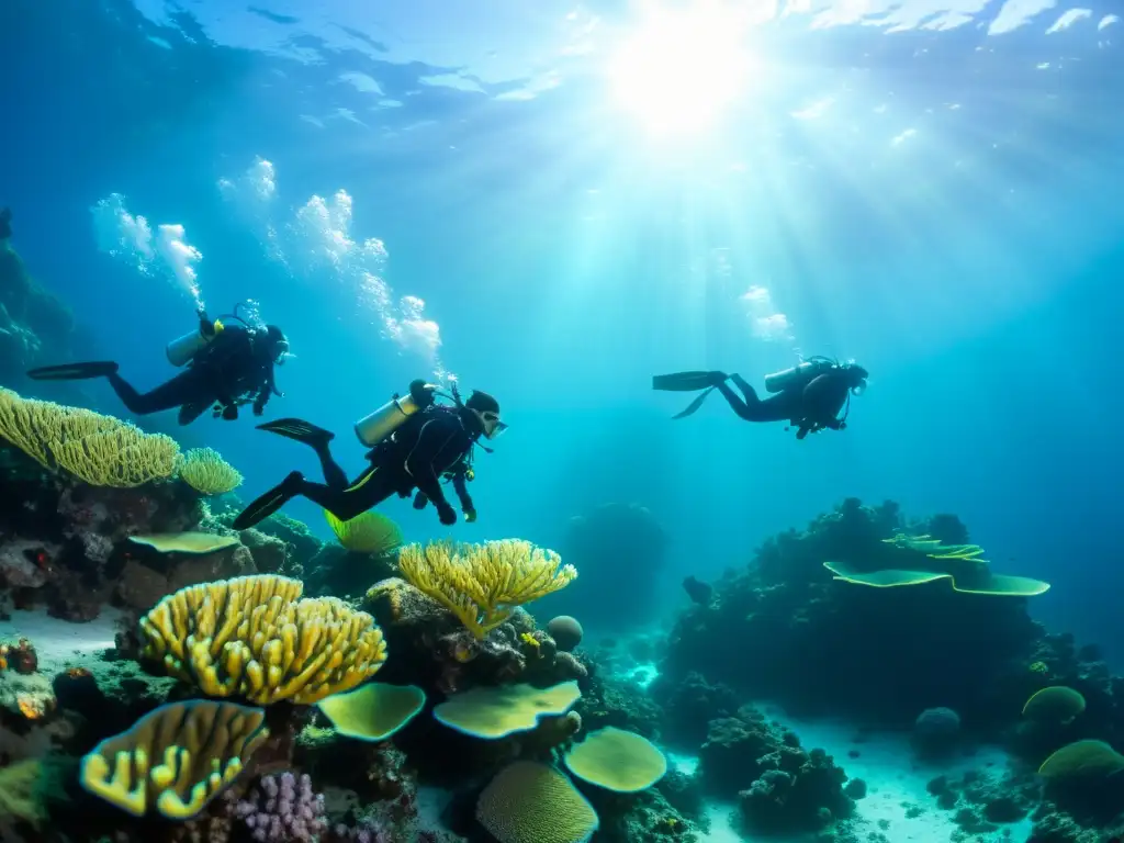 Un equipo de buceadores técnicos y científicos explora un vibrante arrecife de coral, con la luz del sol iluminando la vida marina