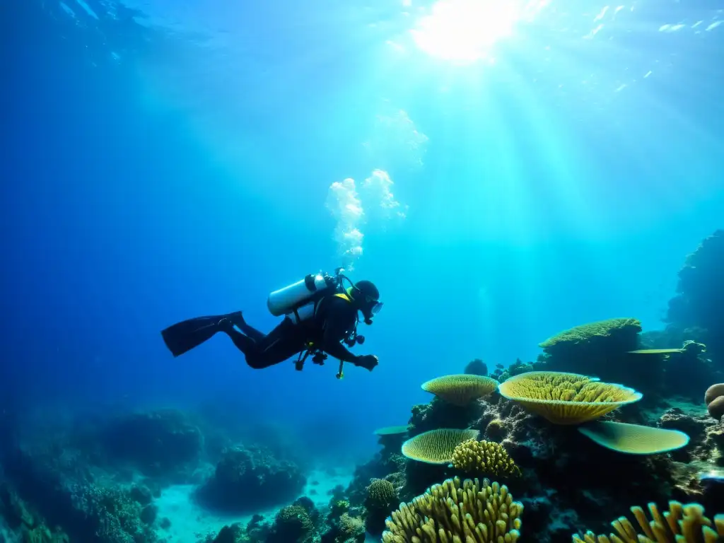 Un equipo de buceadores técnicos y científicos explora un vibrante arrecife de coral, iluminado por la luz solar en el fondo marino