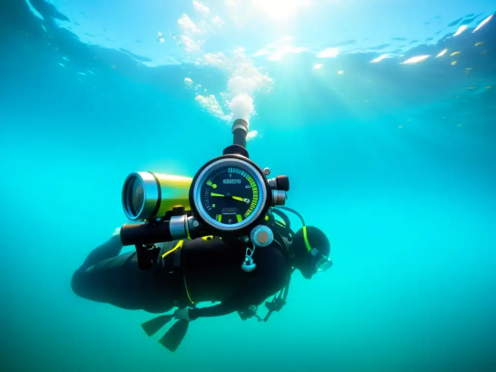 Un equipo de buceo de alta calidad en aguas cristalinas, con detalles intrincados y vibrantes colores marinos