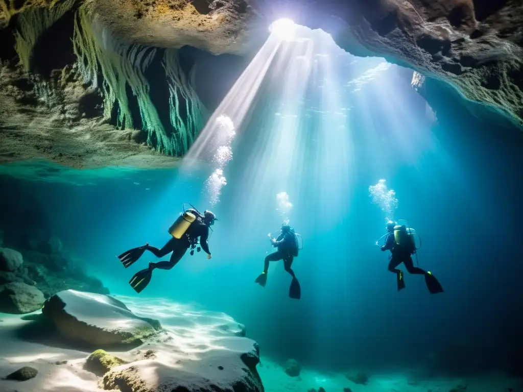 Equipo de buceo en cueva subacuática, explorando con tecnología de vanguardia y luces potentes