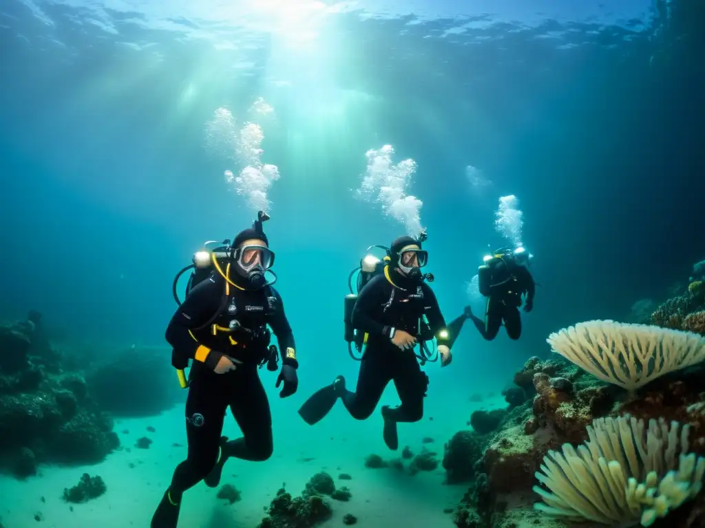 Equipo de buceo en fosas oceánicas impresionantes, iluminado por criaturas bioluminiscentes en la oscuridad marina