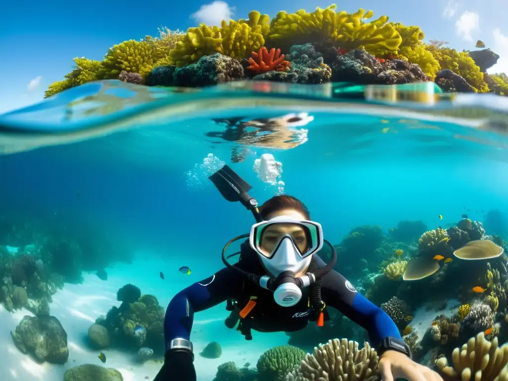 Equipo de buceo personalizado en aguas cristalinas con arrecifes de coral vibrantes y vida marina diversa