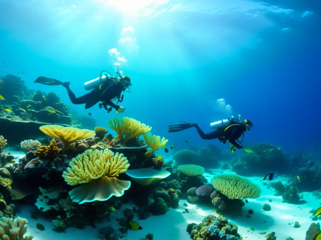 Equipo de buceo voluntario plantando corales en un vibrante arrecife de colores