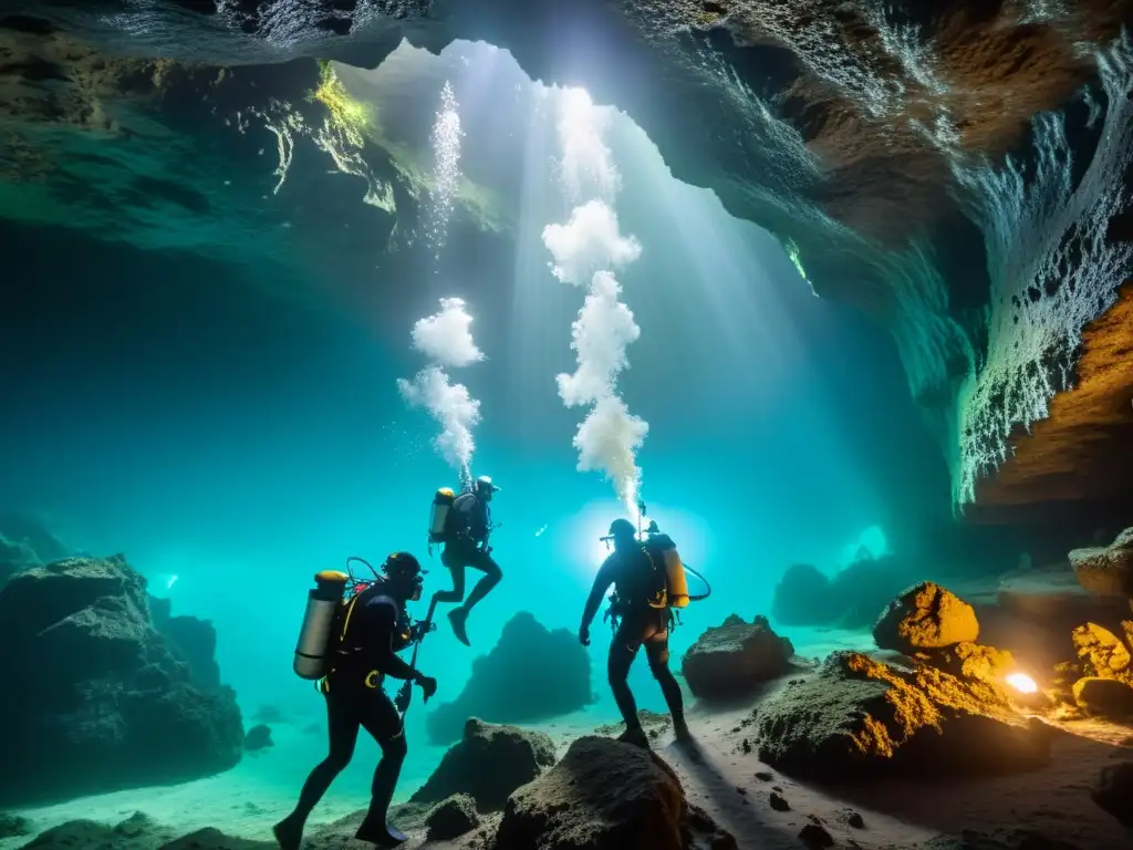 Equipo de buzos explorando cuevas subacuáticas con tecnología de punta