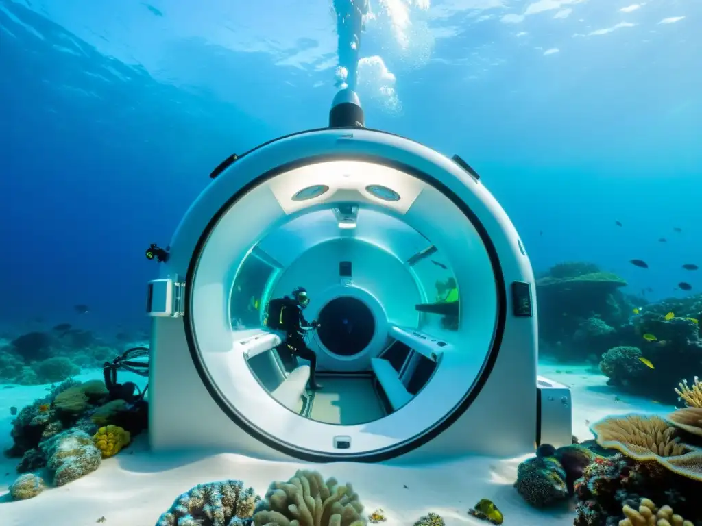 Un equipo de buzos realiza un tratamiento de medicina hiperbárica en una cámara de presión, rodeados de vida marina en arrecifes de coral vibrantes