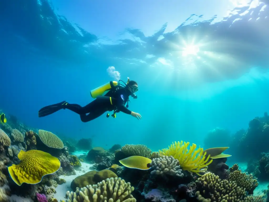 Expedición de conservación marina: Equipo de buzos documentando la vida marina en arrecifes de coral vibrantes