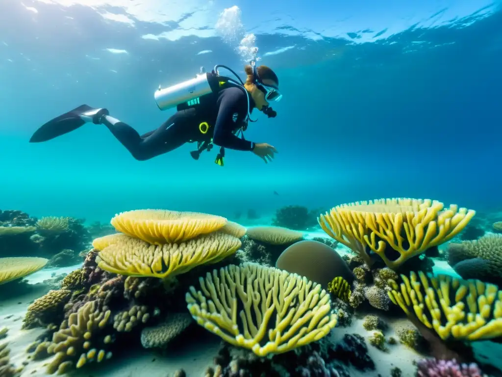 Equipo de científicos y drones futuristas preservando ecosistemas coralinos con tecnología innovadora