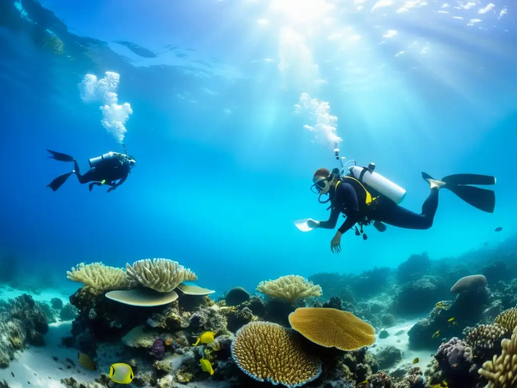 Un equipo de científicos despliega innovaciones proyectos descontaminar océanos, rodeados de vida marina colorida