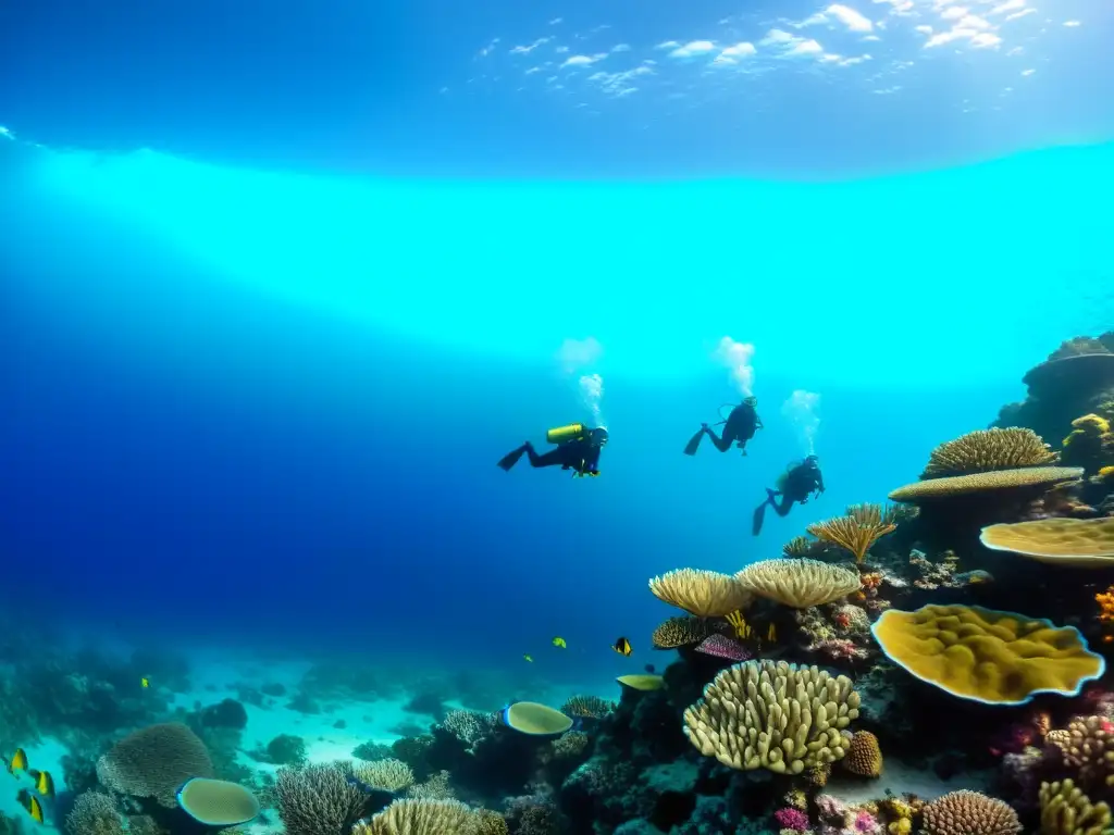 Un equipo de científicos marinos en el océano, rodeados de vida marina y coloridos corales, realizando investigación científica en buceo oceánico