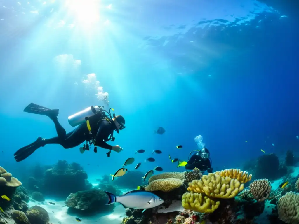 Exploración Submarina: Científicos marinos entre peces y corales Un equipo de científicos marinos investiga rodeado de peces y corales en su entorno natural, mostrando la Vida de los científicos marinos