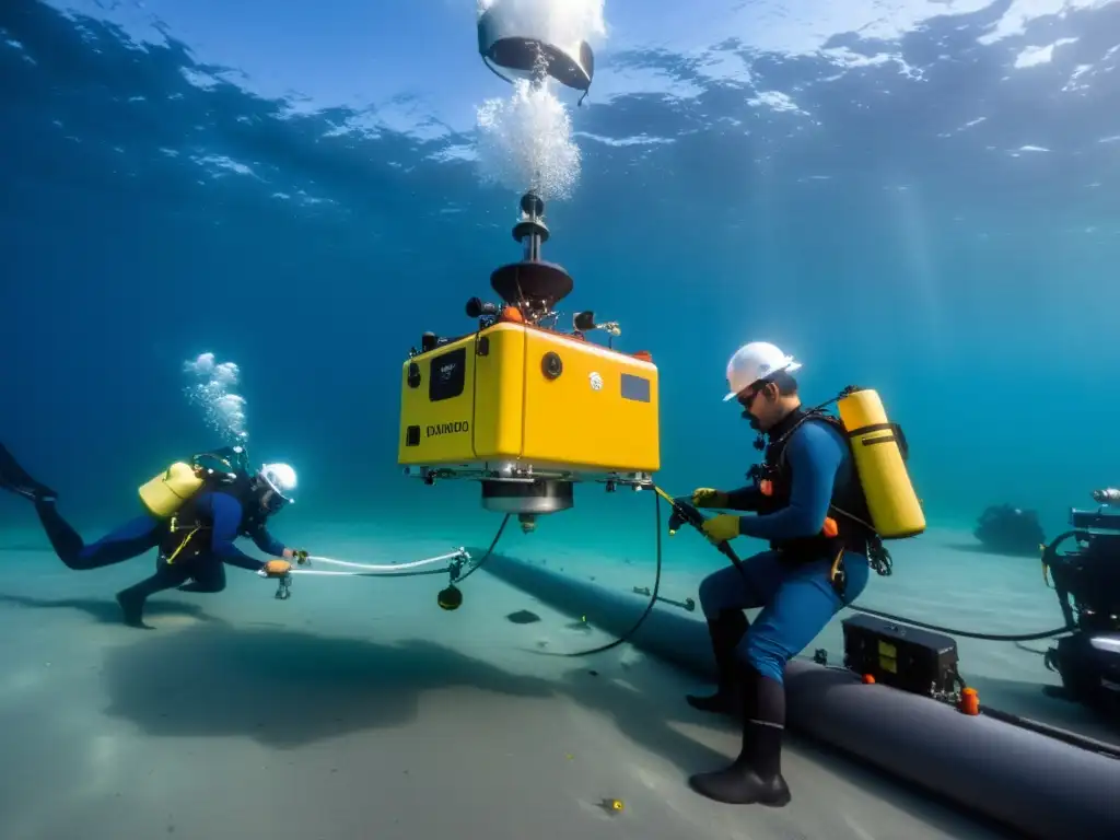 Equipo de científicos marinos utilizando tecnologías para estudiar corrientes submarinas en un entorno remoto y prístino