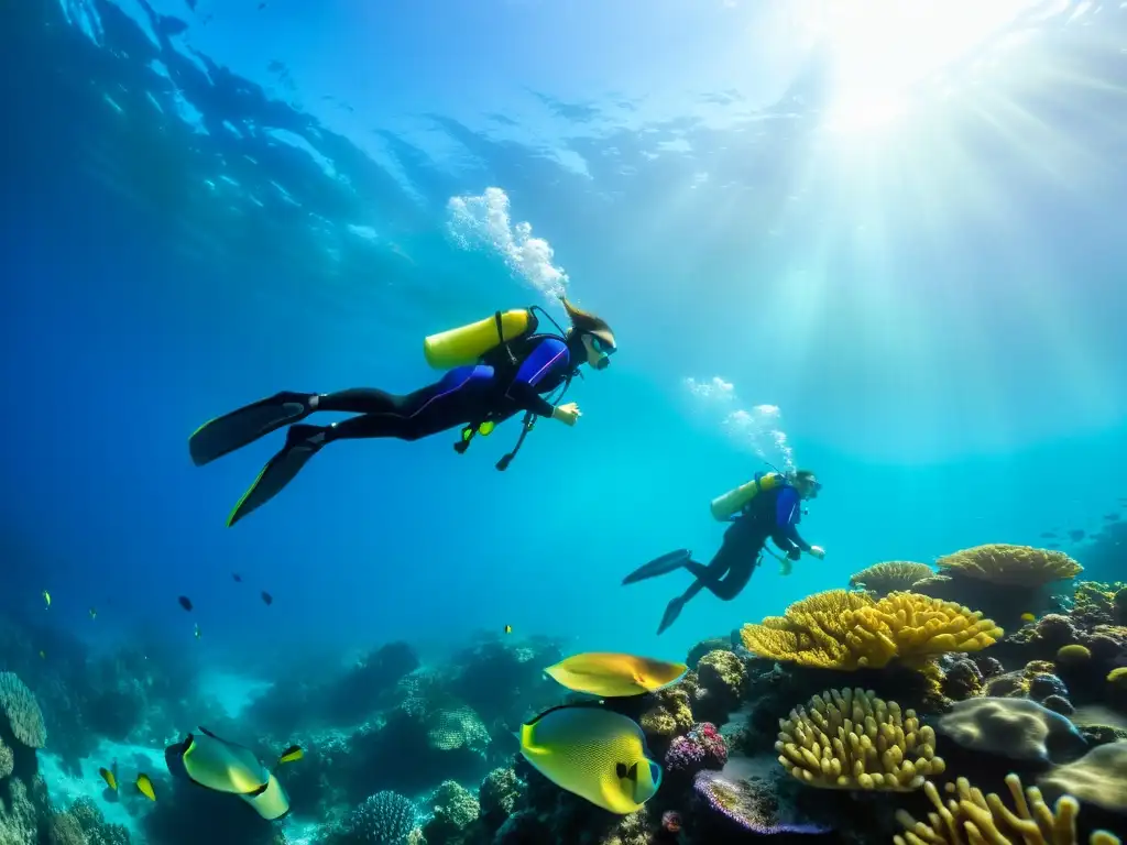 Un equipo de científicos marinos con trajes de buceo vibrantes explora un arrecife de coral, revelando un ecosistema submarino vibrante