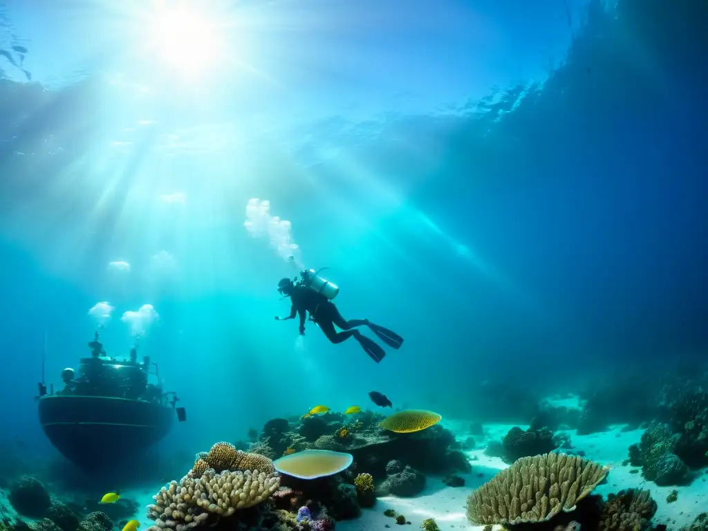 Un equipo de científicos submarinos explorando el fascinante mundo marino, rodeados de vida marina colorida y arrecifes de coral vibrantes