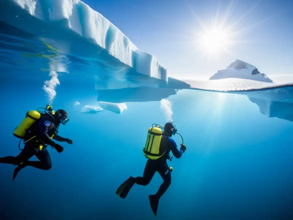 Equipo de cineastas preparándose para filmar en aguas frías bajo el intenso azul polar y entre icebergs flotantes