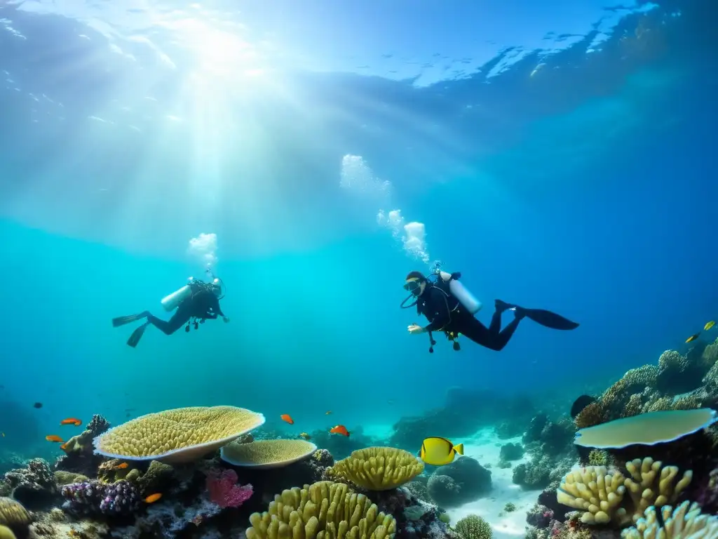 Un equipo de conservacionistas marinos en acción, protegiendo el arrecife de coral y su diversa vida marina