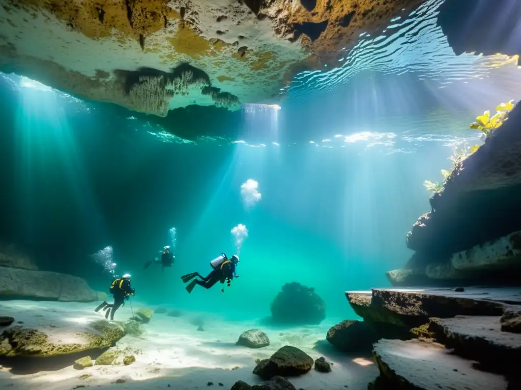 Equipo de exploradores con tecnologías emergentes explorando cenotes subacuáticos, revelando la belleza subacuática