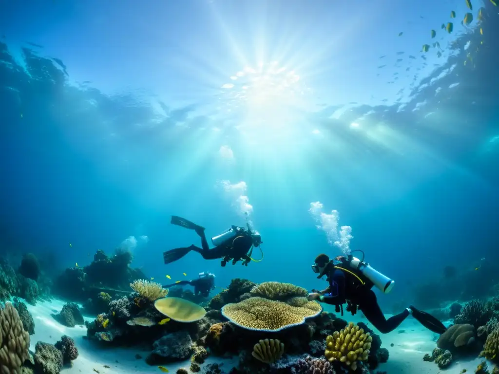 Un equipo de fotógrafos submarinos y científicos, rodeados de vida marina, capturando la belleza del arrecife