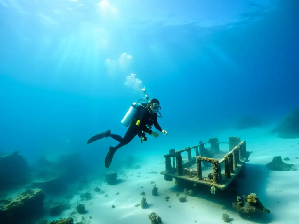 Un equipo de grandes arqueólogos subacuáticos historia explorando un antiguo naufragio en aguas cristalinas, revelando misterios del pasado