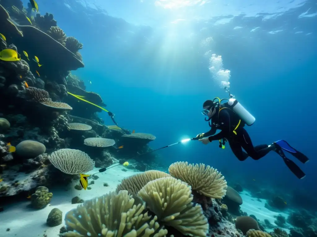 Equipo innovador para marcación de superficie oceánica en acción, integrando alta tecnología con la belleza natural del mundo submarino