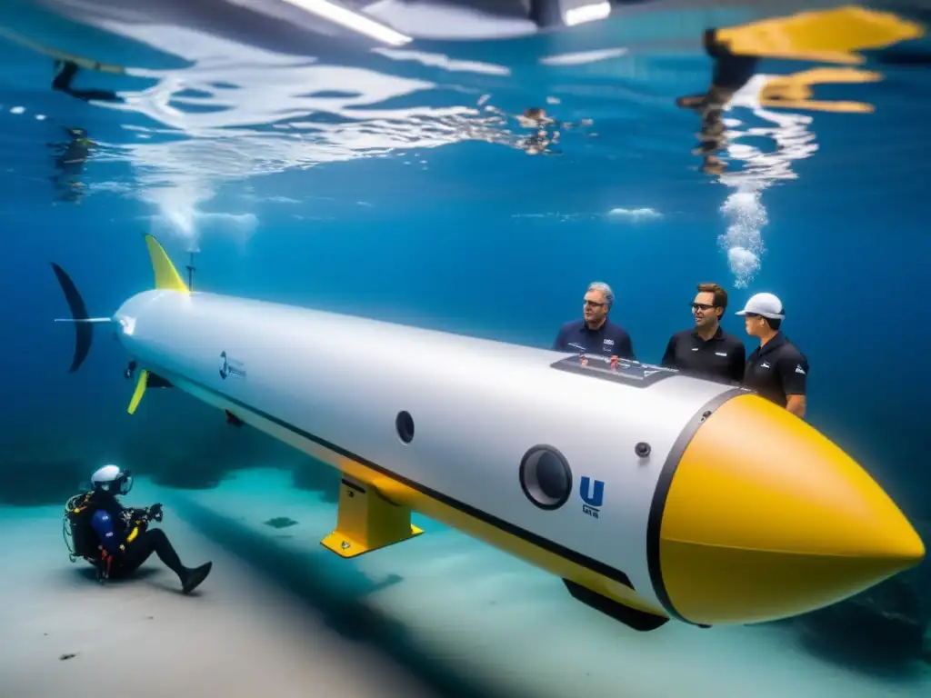 Equipo internacional de científicos calibrando un vehículo autónomo submarino en moderna instalación de investigación