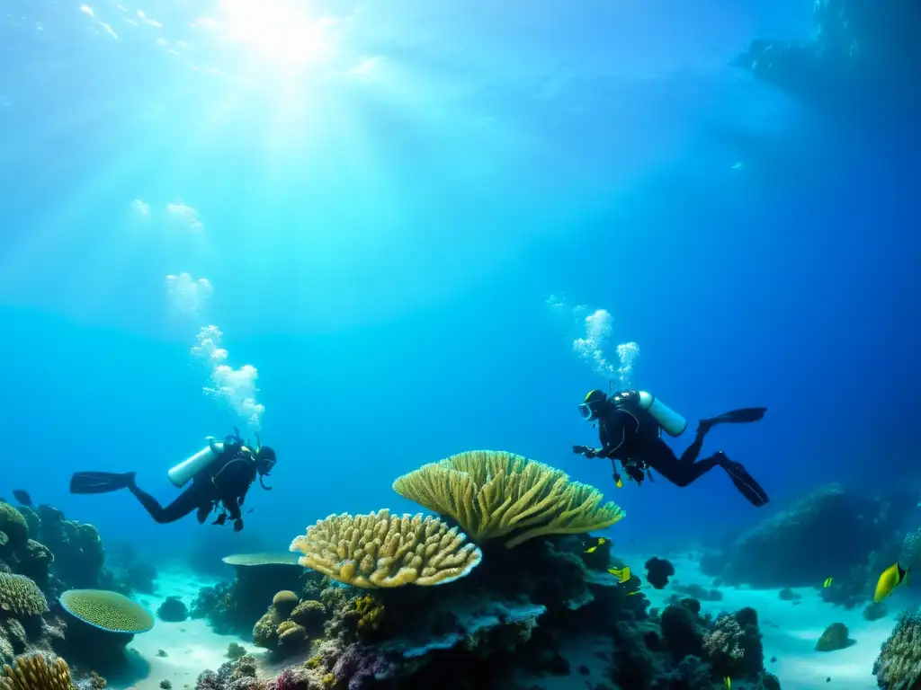 Un equipo de investigadores en equipo de buceo explorando un vibrante arrecife de coral, documentando la diversa vida marina