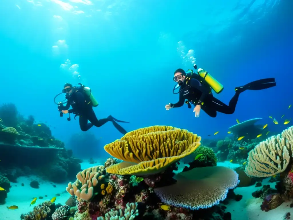 Un equipo de investigadores marinos explora un vibrante arrecife de coral, estudiando la vida marina