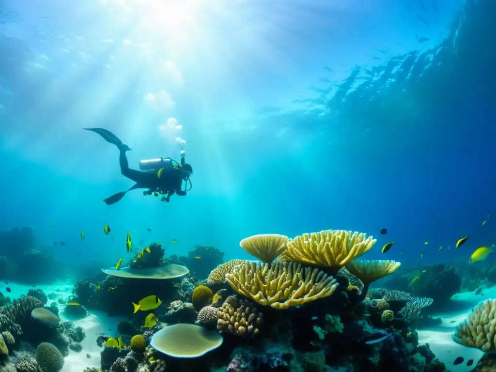 Exploración marina: equipo de investigadores recolectando nuevos antibióticos lecho marino en un vibrante arrecife de coral