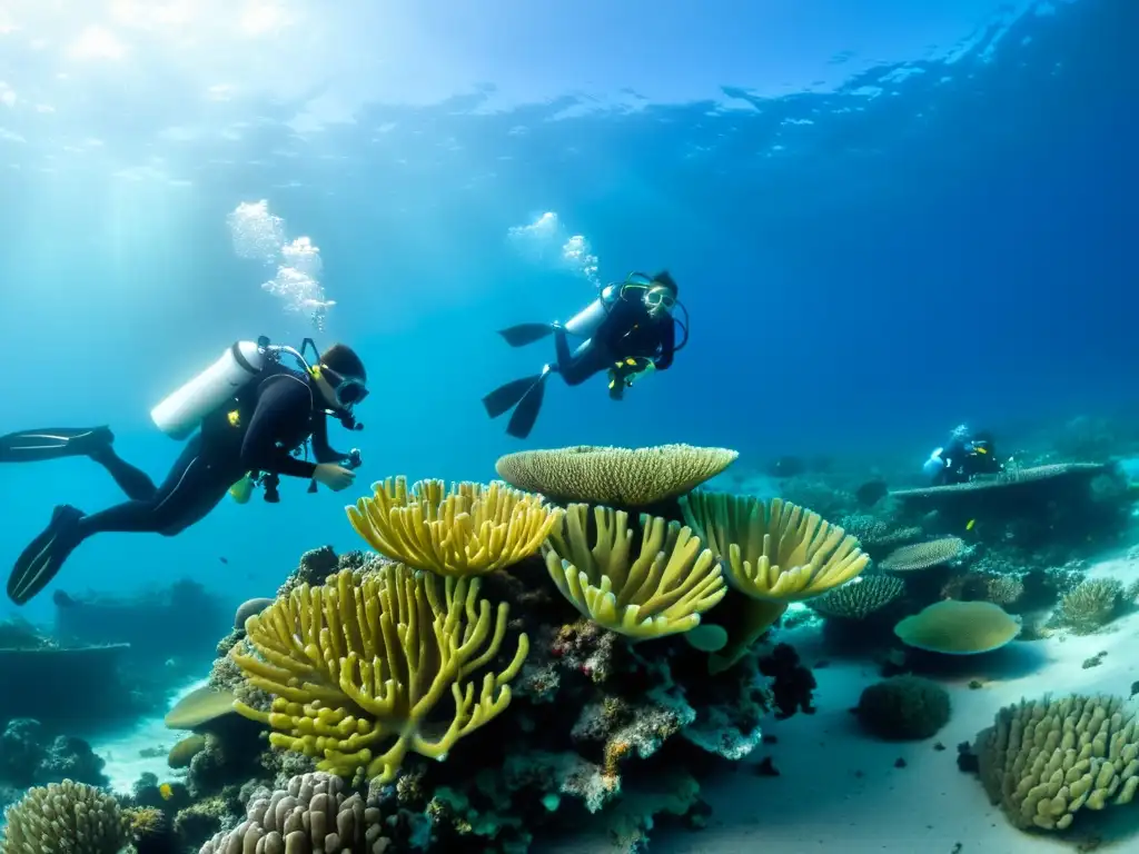 Un equipo de biólogos marinos y conservacionistas trabajando bajo el agua para restaurar una zona muerta del océano