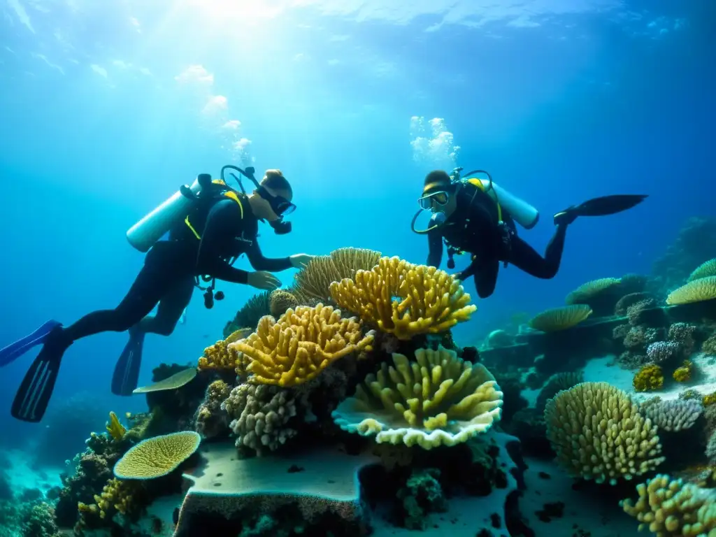 Un equipo de biólogos marinos planta corales en un arrecife artificial