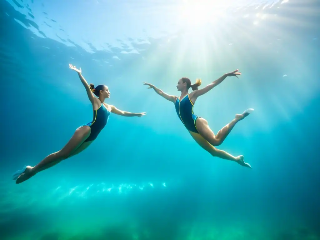 Equipo de nado sincronizado mejora flotabilidad en un elegante baile acuático bajo la luz del sol en un océano cristalino