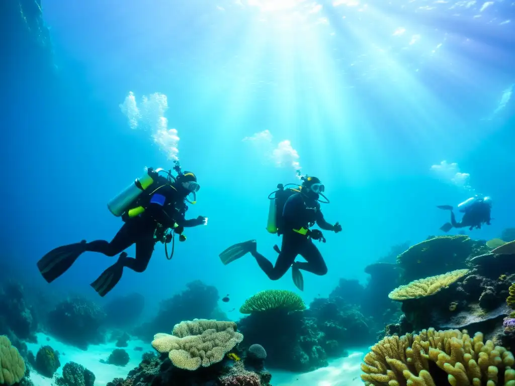 Un equipo de rescate marino con tecnología de avanzada explora un arrecife de coral, iluminados por el sol filtrado bajo el agua