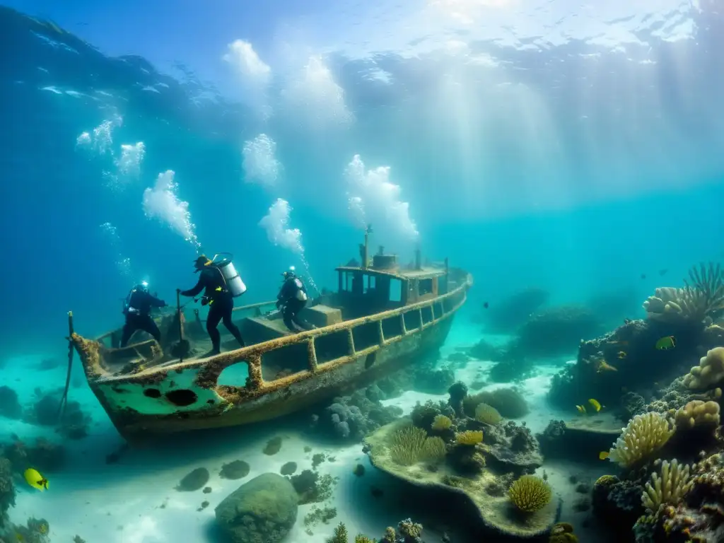 Equipo de restauración de barcos hundidos trabaja en el mar, rodeado de vibrante vida marina