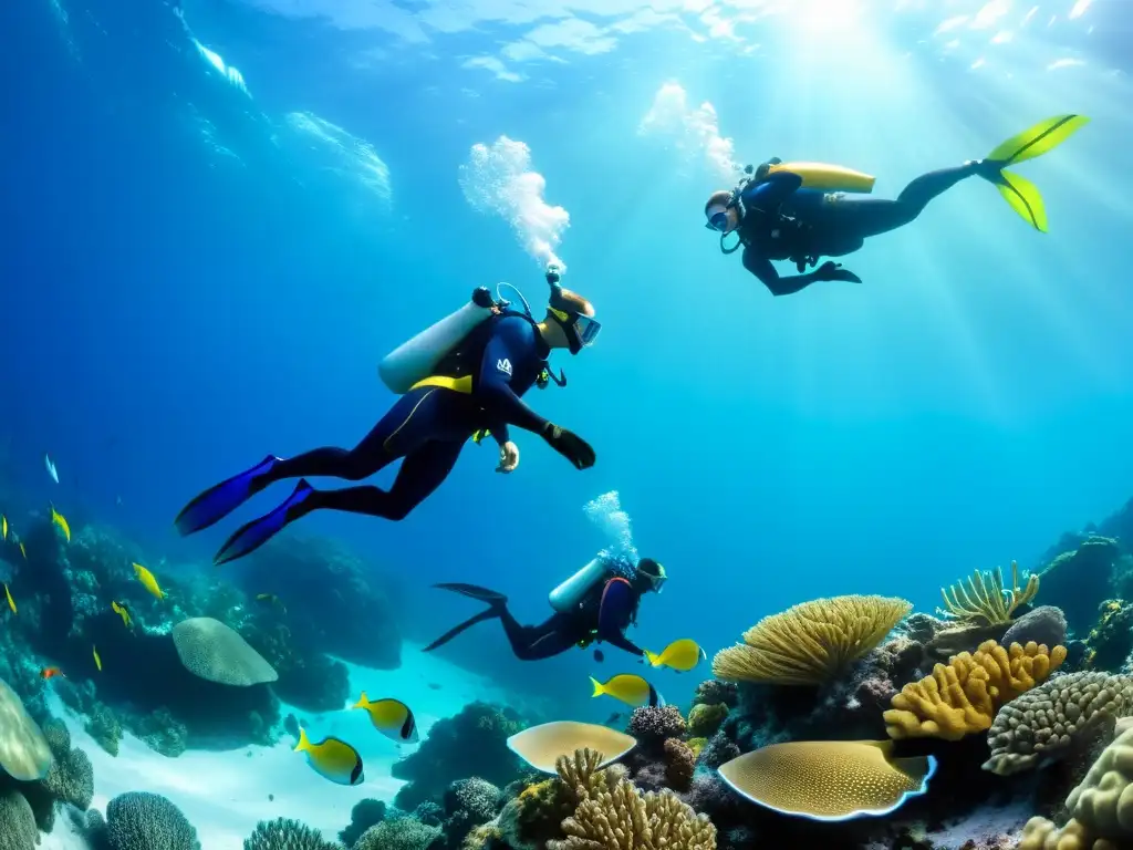 Un equipo de superhéroes submarinos protege con determinación el ecosistema marino, rodeados de vida marina y coloridos arrecifes de coral